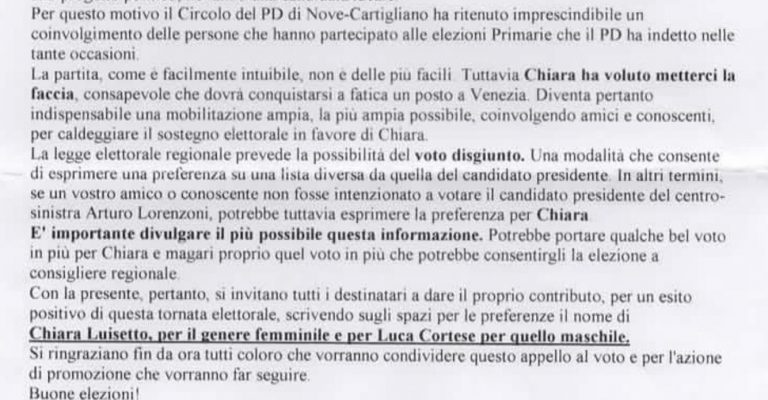 Sostiene Lorenzoni ma invita al voto disgiunto. “L’incidente” della candidata Pd