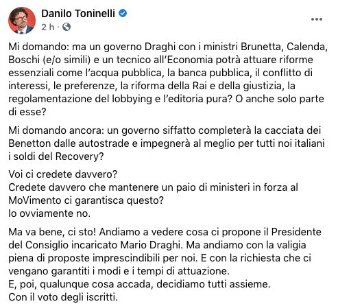Scopri di più sull'articolo Toninelli: “Ma sì andiamo da Draghi” e Riello gli scrive: “Caro Senatore…”
